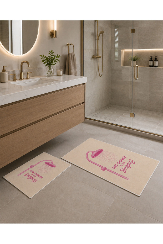 Pink Shower Themed Patterned Bath Mat with Velvet Dot Base