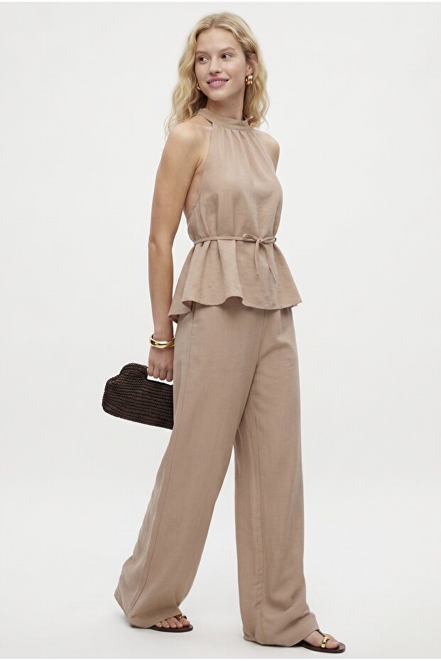 Women's Giselle Halter Neck Tie Blouse Elastic Waist Pants Woven Beige Bottom Top Set