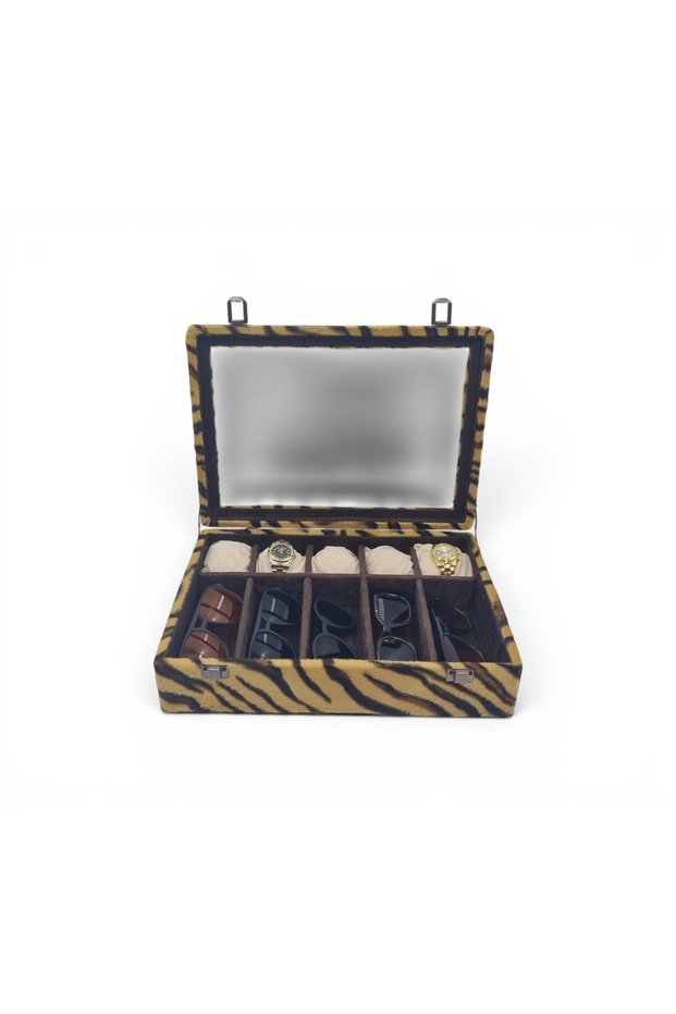 Diji 5 Glasses 5 Watch Box Watch and Glasses Bag Tiger Inside Coffee Cream Padded