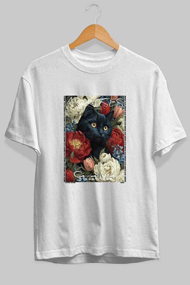 For the Love of Cats 87 Front Cat Printed White Oversize T-Shirt 100% Cotton Unisex Cat Lover Premium Design