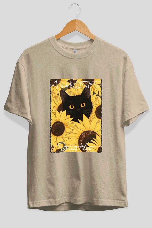 For the Love of Cats 68 Front Cat Printed Beige Oversize T-Shirt 100% Cotton Unisex Cat Lover Premium Design