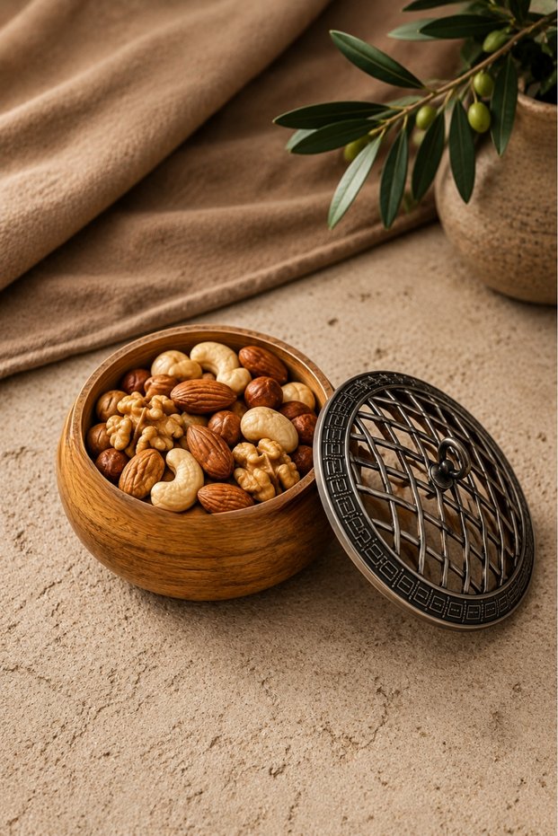 1 Piece of 100% Natural Oak & Beech Wood Snack Bowl, Nut Bowl, and Turkish Delight Bowl – Decorative Serving Bowl with Metal Grid Lid - Dowry Box, Gift Box