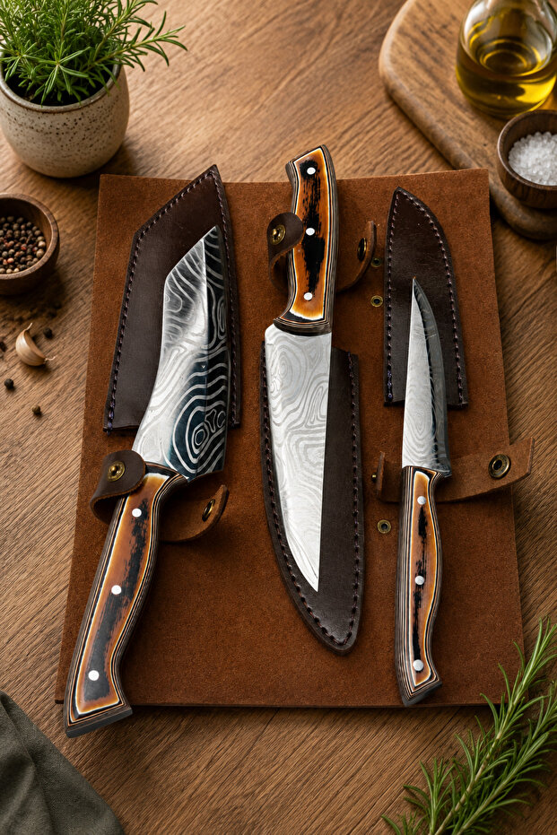 Meteor 3 Piece Knife Set with Leather Case