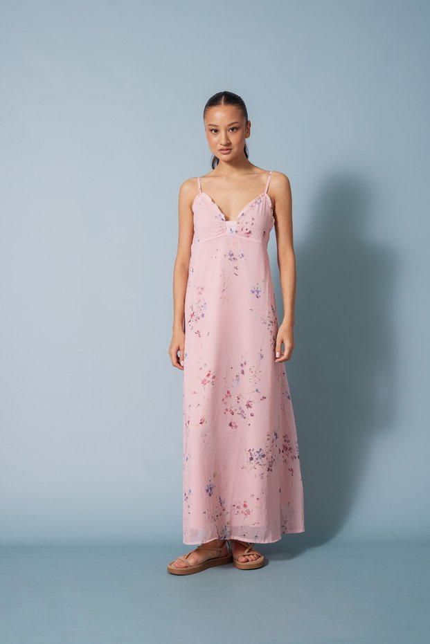Flower-Patterned Lace Dress with Detailing in Pink