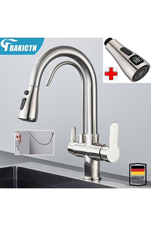 Kitchen Sink Faucet Short Model Water Purification Outlet Digital LED Spiral Imported Nickel