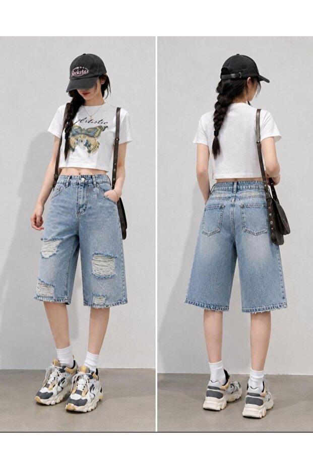 Trendy Ripped Detailed Baggy Denim Bermuda Shorts