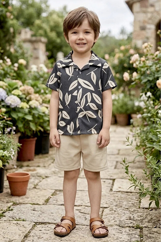 Boy's Leaf Patterned Shorts Set – Wrinkled Fabric 3-9 Years I Holiday Combination I Comfortable Fit I Boy's Set