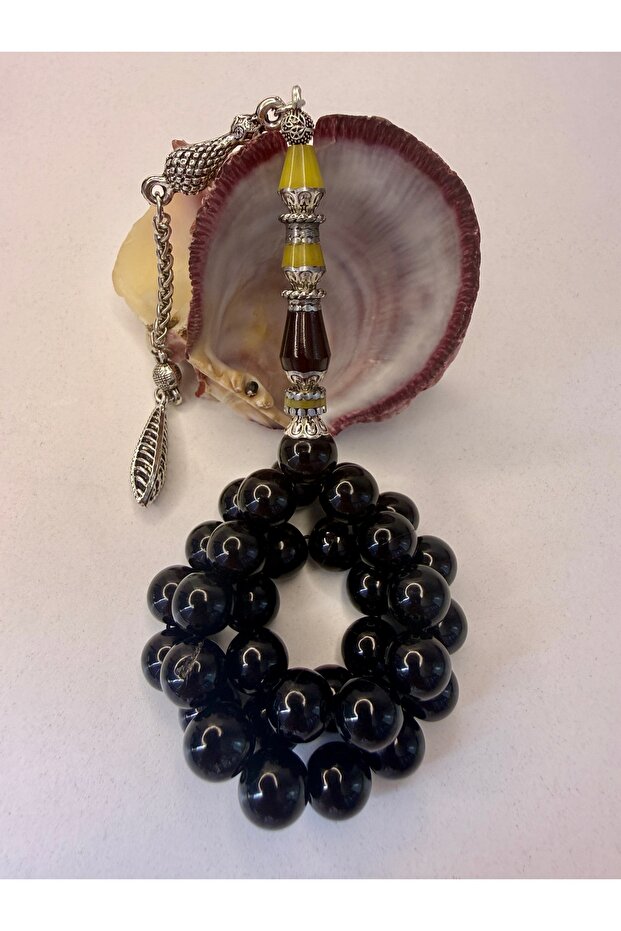 Handcrafted Nakkaş İmame Simsiyah Oltu Like Sphere Cut Rod-Cut Amber Prayer Beads