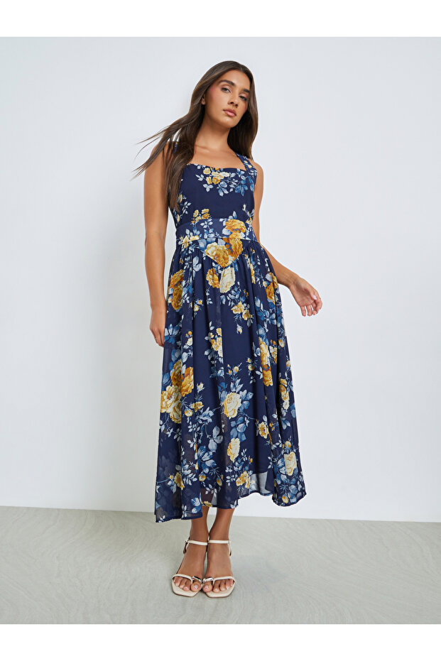 Navy Blue Floral Sleeveless A-Line Midi Dress