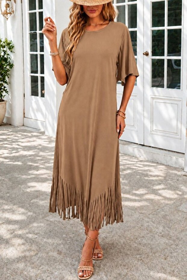 Women's Short Sleeve Crew Neck Tassel Zigzag Patterned Midi Viscose Dress