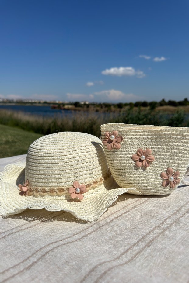 Summer Gift for Girls: Straw Bag and Hat with Flower Detail | Cream Color Trend Beach Combination