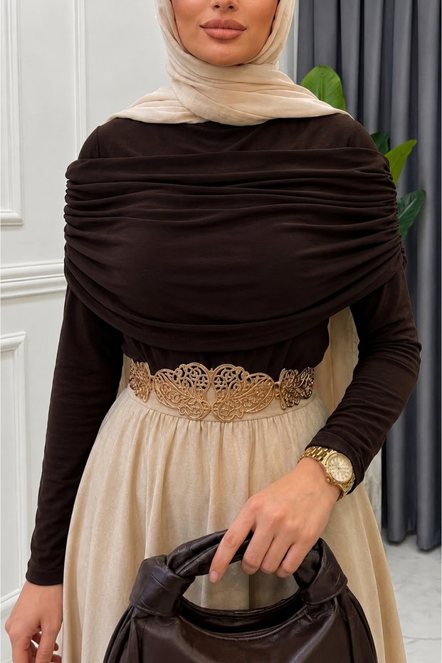 Brown Sandy Fabric Draped Collar Hijab Blouse • Women's Stylish Elegant Long Sleeve Modern Combination