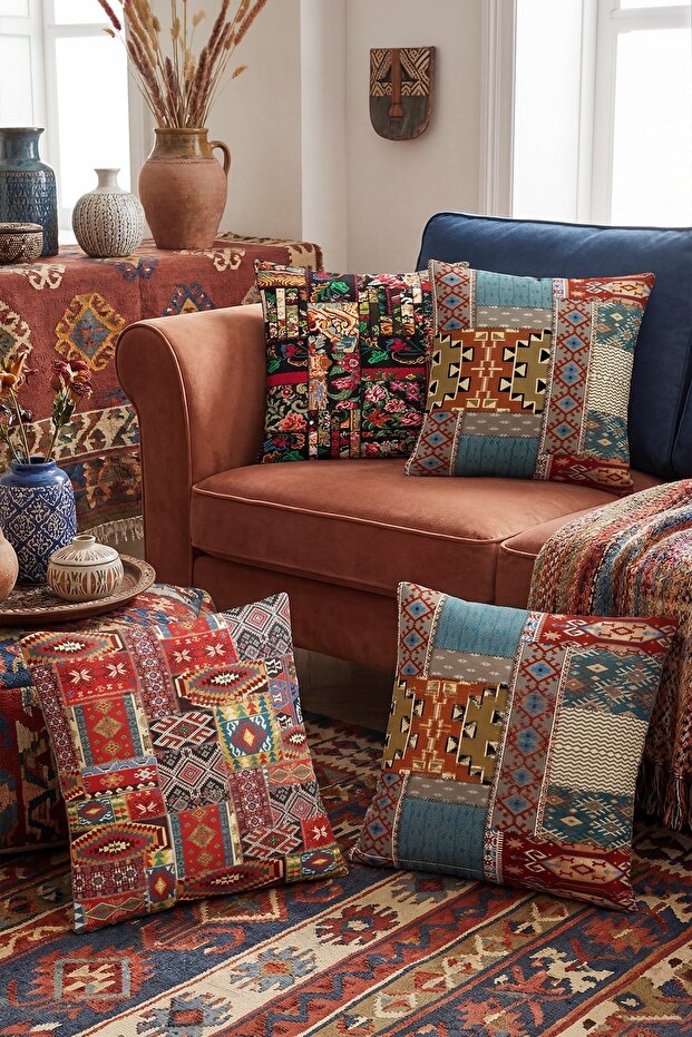 Ethnic Anatolian Carpet Patterned 4-Piece Throw Pillow Cover Set