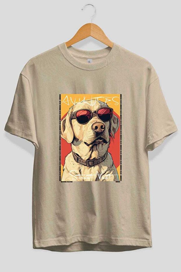 For Dog Lovers 5 Front Dog Prints Beige Oversize T-Shirt 100% Cotton Unisex Dog Lover Premium Design