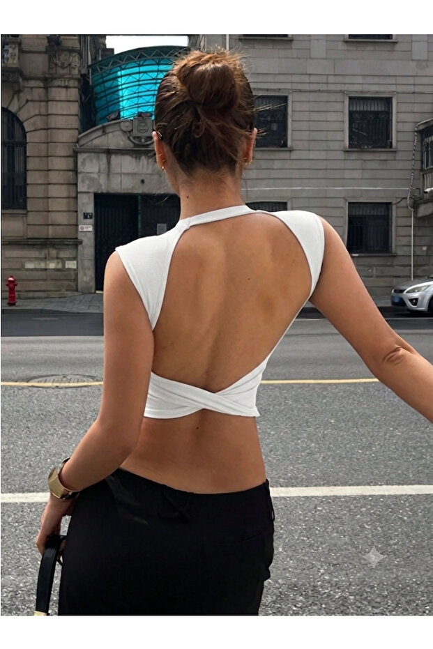 Backless Extra Soft Fabric 🧸 Casual / Beach Crop Blouse (100% Polyamide) -Do433563