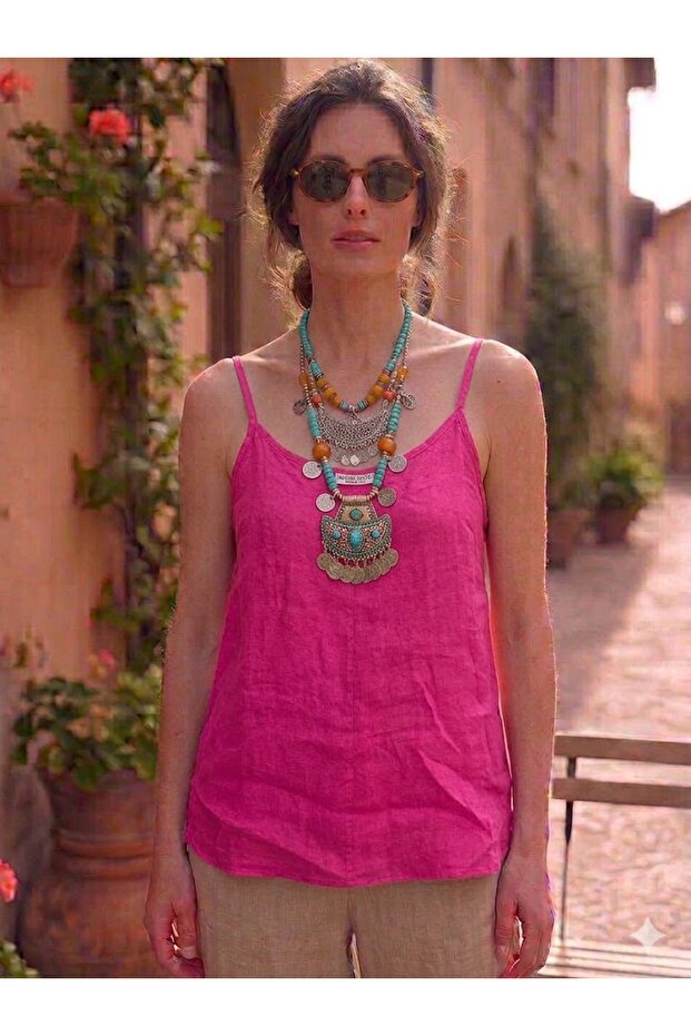 Women's Italian Fuchsia Plain Pattern 100% Linen Strap Blouse
