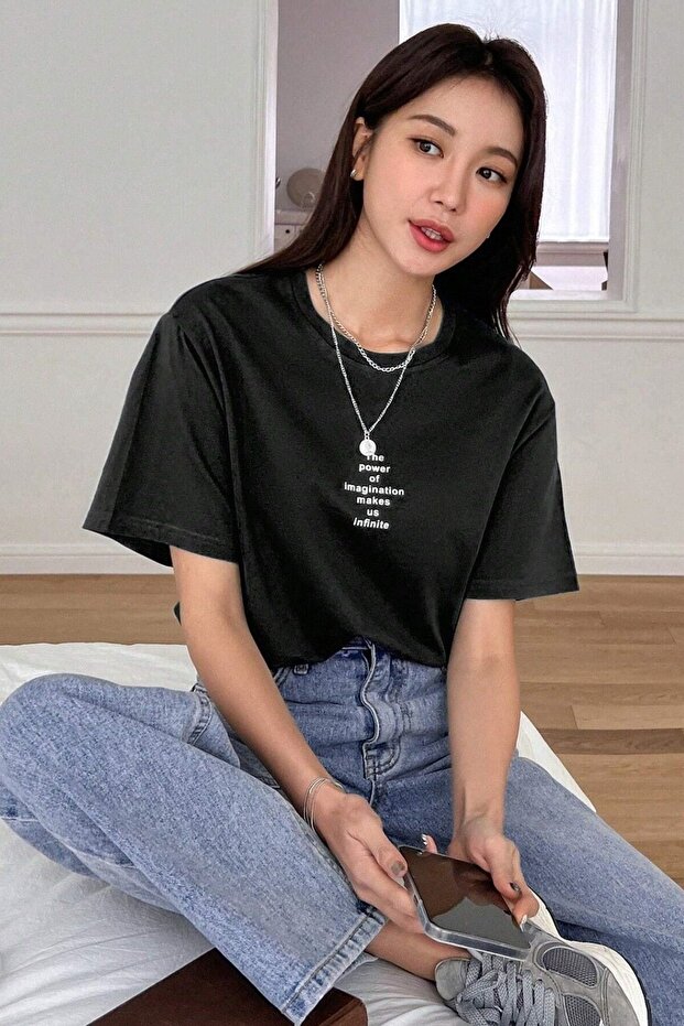 Women's Imagination Printed Crew Neck Oversize Casual Black White Navy Blue Beige Lilac T-Shirt