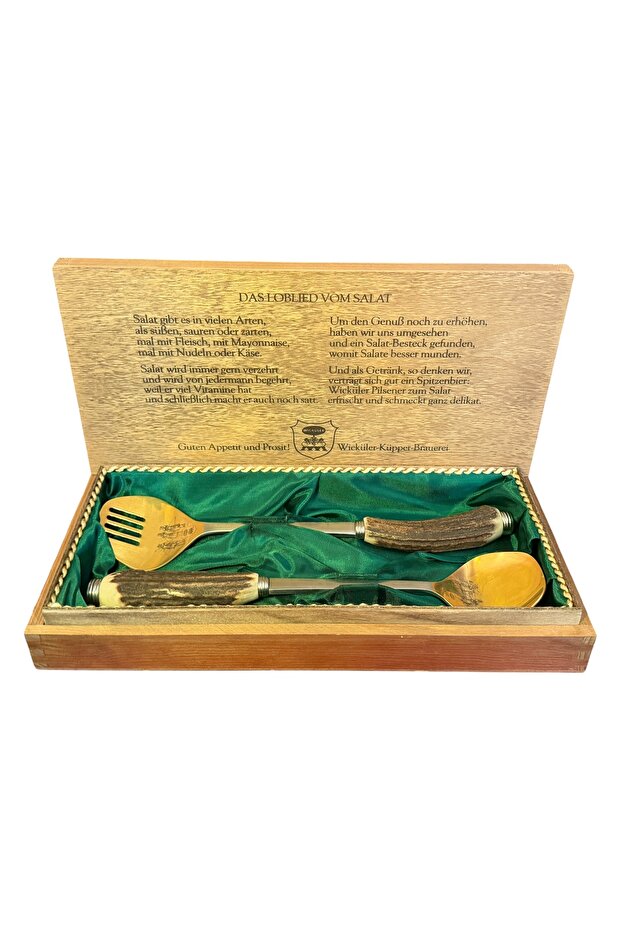 Kutusunda German Signal Solingen Deer Antler Handle Salad Serving Set 27 cm Tall