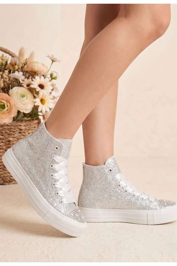 Silvery Silver Sneakers High Ankle Silver Sneakers High Sole Women's Sneakers 3cm Heel