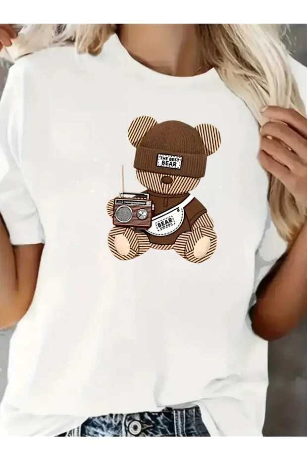 Women's Beret Cute Teddy Bear Print Design Tshirt