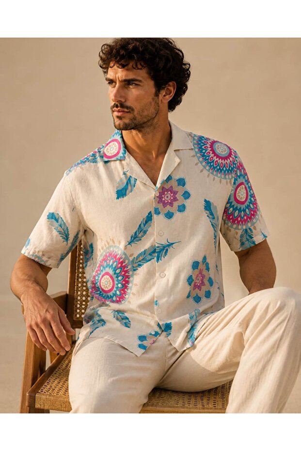 Turquoise Mandala Patterned Short Sleeve Beige Summer Shirt – Th420