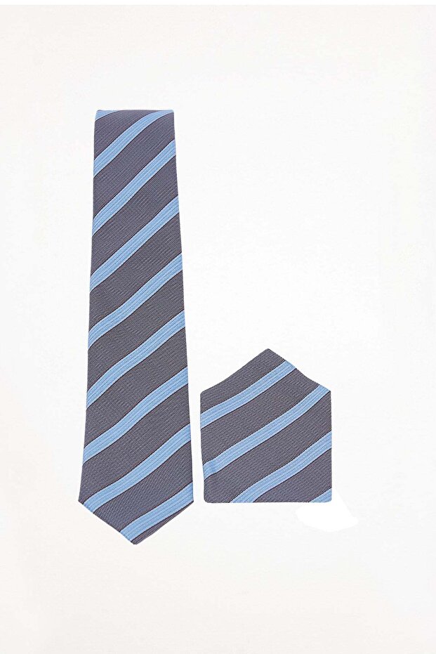 Men's blue striped classic tie and pocket square set