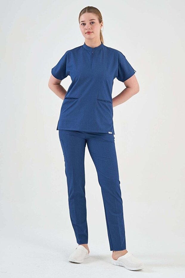 Lycra Blue Denim Look Zipper Detailed Set