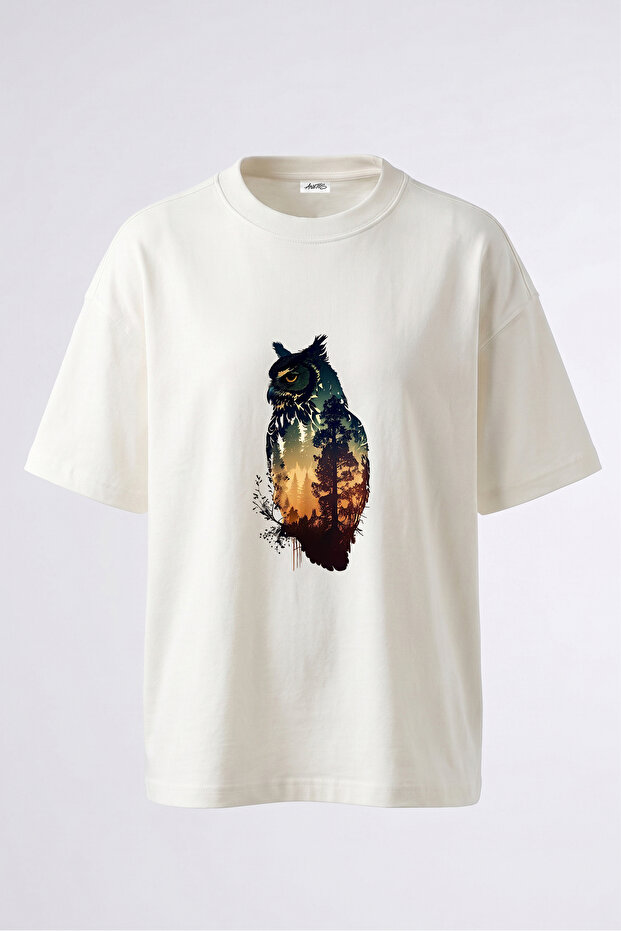 Owl Forest Design Back Printed Cotton White Oversize T-Shirt