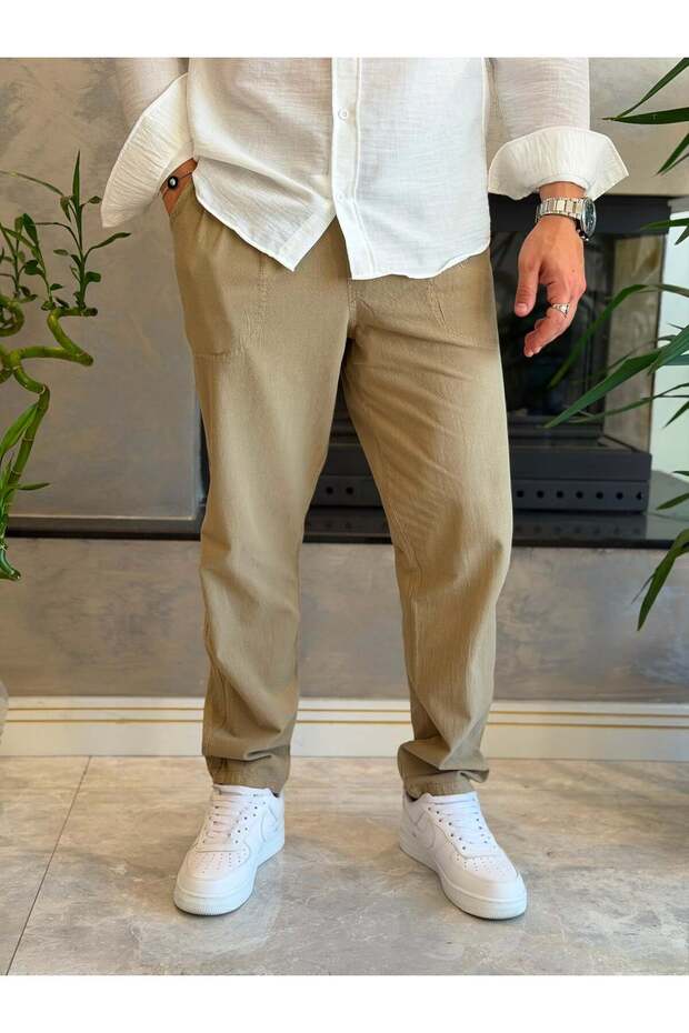 Men's Baggy Fit Linen Trousers Beige Eca087