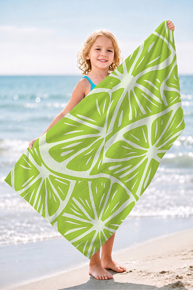 Tropical Green Beach Towel with Lime Motif - Summer Chic Citrus Themed Sand-Repellent Towel