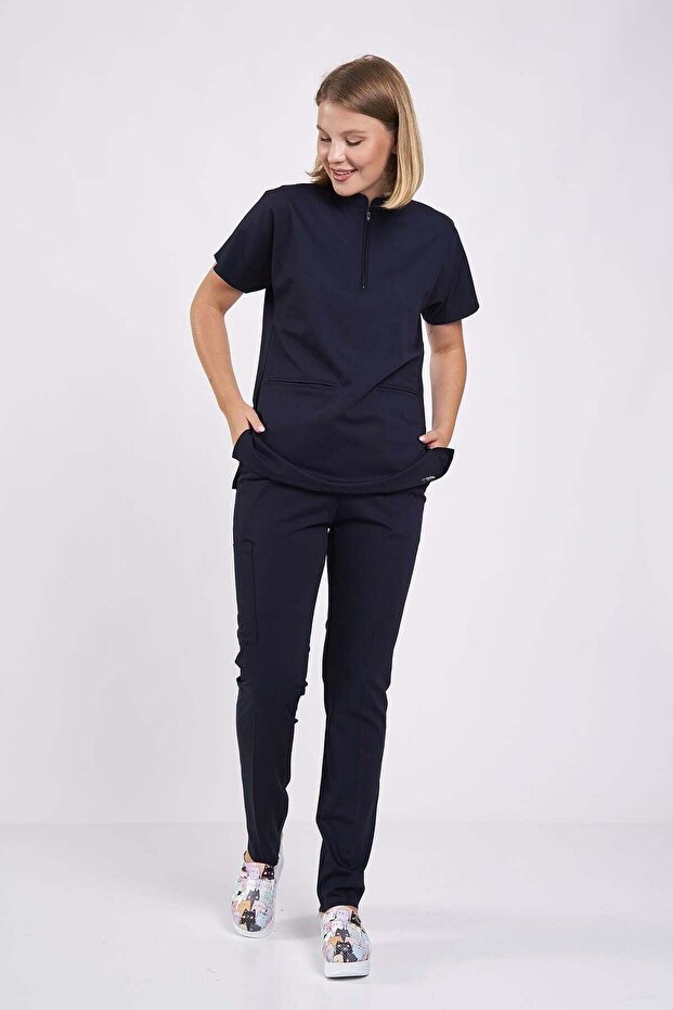 Lycra Dark Navy Blue Surgical Uniform with Zipper Detail