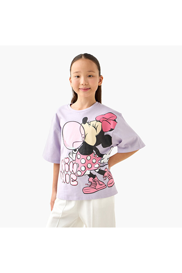Crew Neck Short Sleeves T-shirt with Minnie Mouse Print