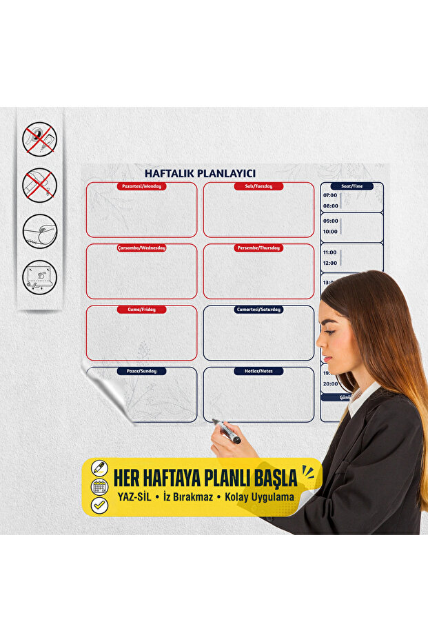 Transparent Turkish-English Weekly Write-Off Wall Planner with Static Cling Feature 48 X 55 cm (Model-5)