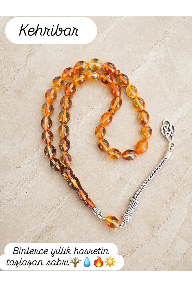 Natural Stone Fire Amber Prayer Beads Silver Tassel 11-8 mm Father's Day Gift