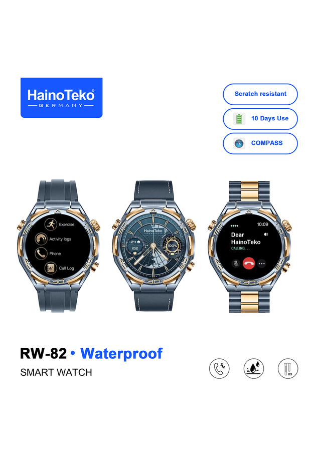 RW-82 Waterproof Smart Watch with Bluetooth Calling AMOLED Display, Compass Function, 3 Interchangeable Straps and 10 Days Battery Life Designed for Men