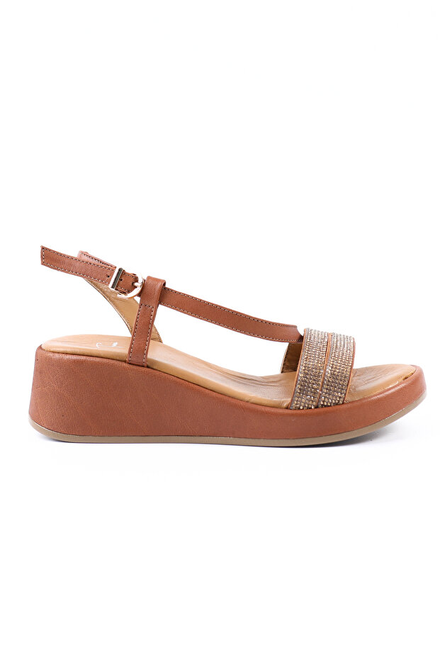 Genuine Leather Tan Wedge Heel Women's Sandals - Z262291