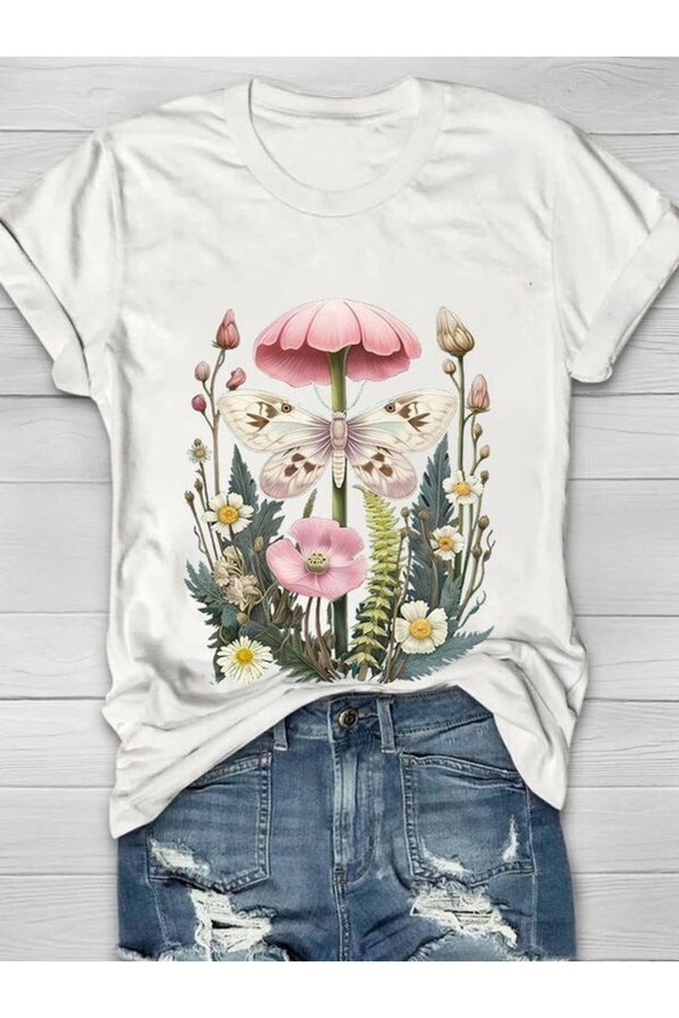 Flower and Butterfly Printed White T-Shirt