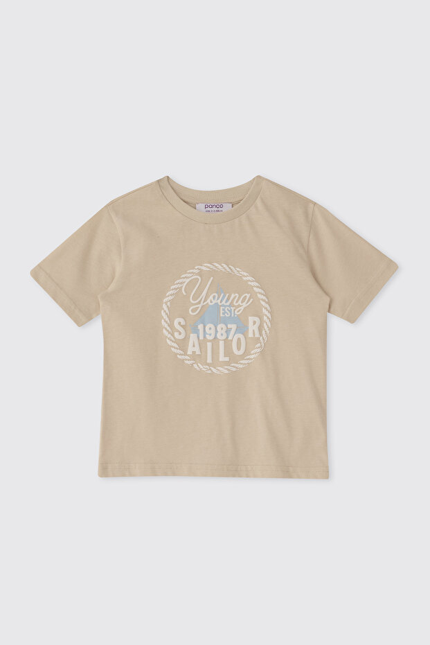 Baby Boy Beige T-Shirt with Print Detail