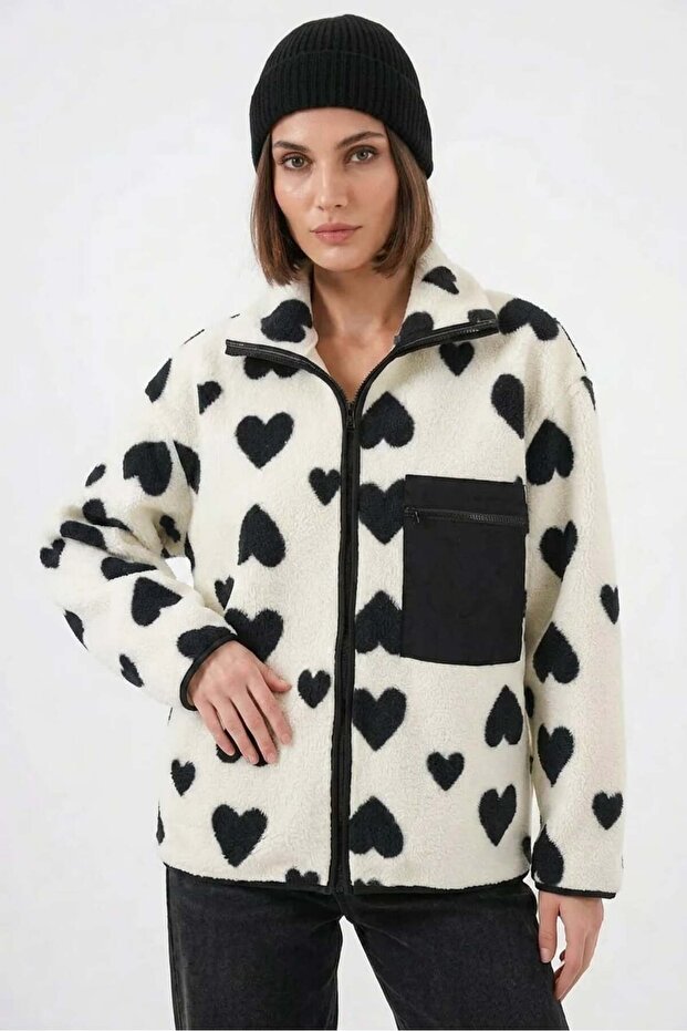 Women's Stand Collar Oversize Heart Patterned Light White Jacket