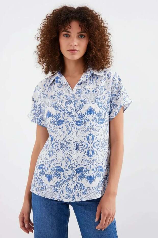 Women's Patterned Viscose Blue Shirt