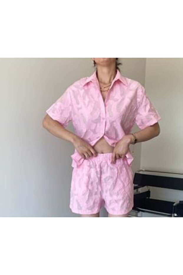 Pink Self Patterned Shorts Set - 3