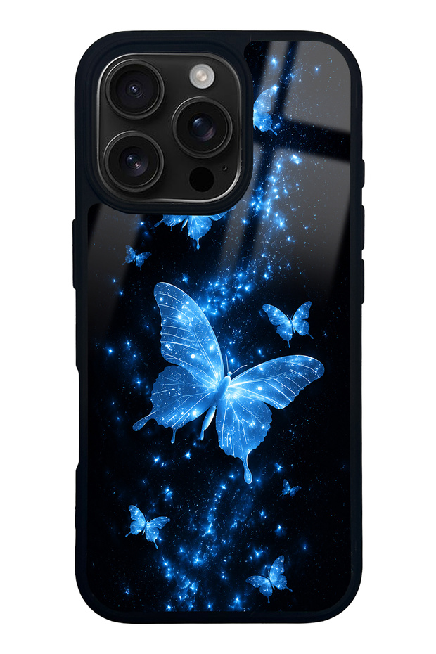 iPhone 16 Pro Blue Galaxy Butterfly Design Glossy Phone Case