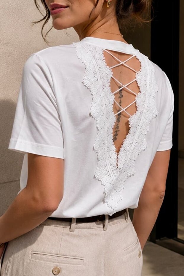Women's Backless Lace Detailed Cotton Basic T-Shirt Daily Comfortable Cut My3535