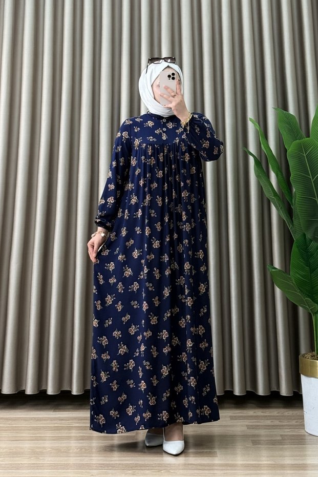 Yonca Dress Viscose Fabric Women's Navy Blue Floral Patterned Collar Openable Buttoned Relaxed Cut Islamic Dress
