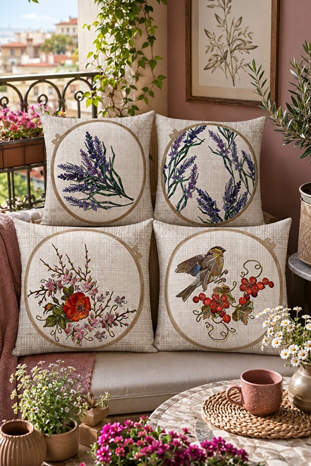 Kasnak Cross-Stitch Patterned 4-Piece Throw Pillow Cover Set