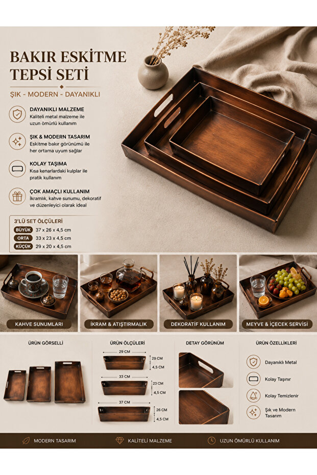 Copper Antique Decorative Tray Set of 3 Luxury Presentation and Serving Tray