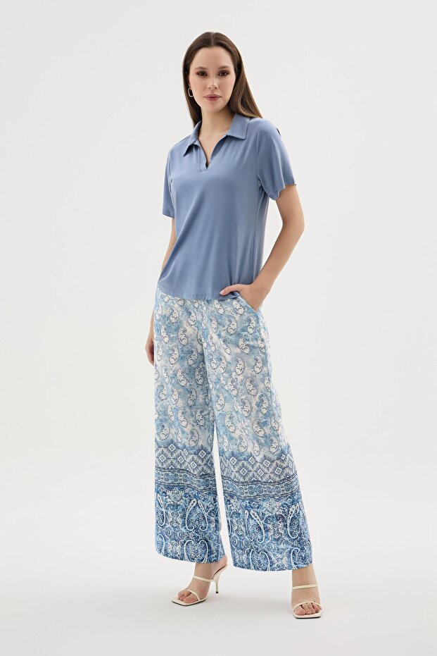 Women's Short Sleeve Polo Collar Patterned Wide Leg Pants Set C9T0N612