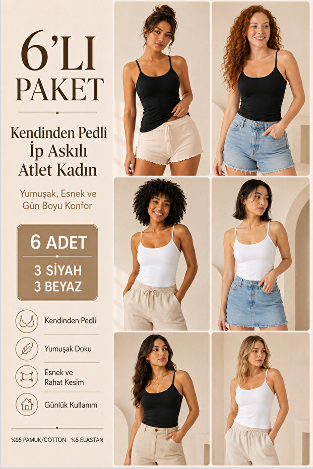 Women's 95% Cotton Strapless Padded 6-Piece Basic Undershirt - Flexible & Comfortable 6-Piece Bra Singlet