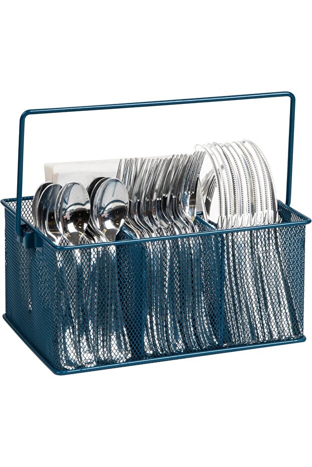 Utensil Holder, Silverware Organizer, Caddy, Cutlery Holder, Kitchen, Metal Mesh, 10"L x 7"W x 4.75"H, Turquoise