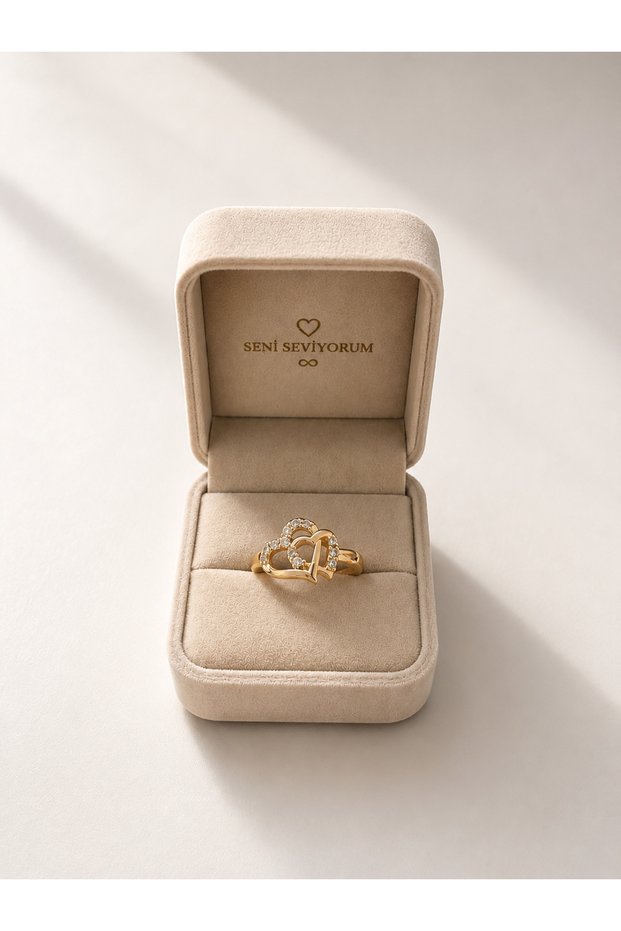 Elegant Double Heart Stone Detailed Gold Color Women's Ring – Romantic and Stylish Design